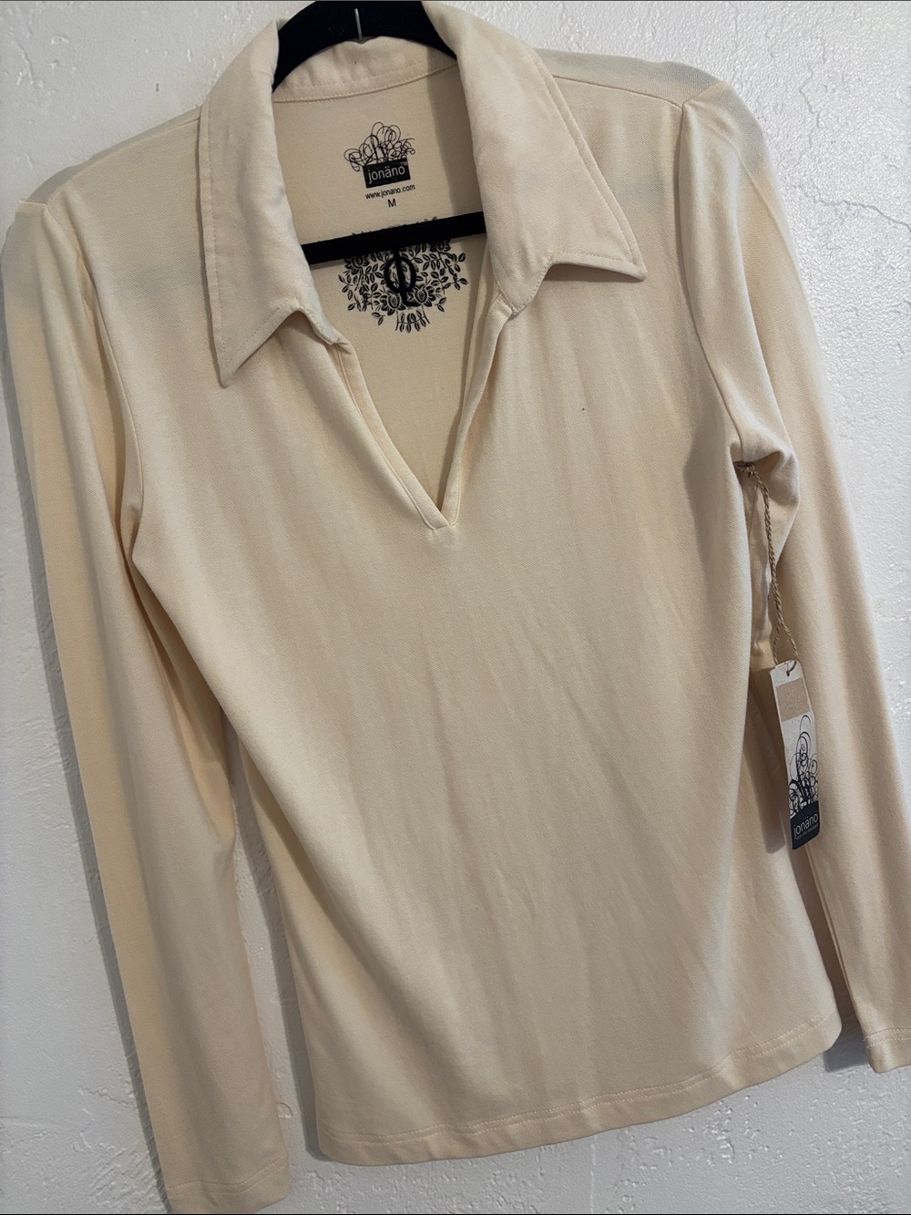 Jonano Organic Bamboo Cream Long-Sleeve Polo V-Neck Top Shirt